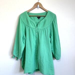 Talbots Plus Gauzy Womens Shirt Size X US 14W Green Button Up 100% Cotton India‎